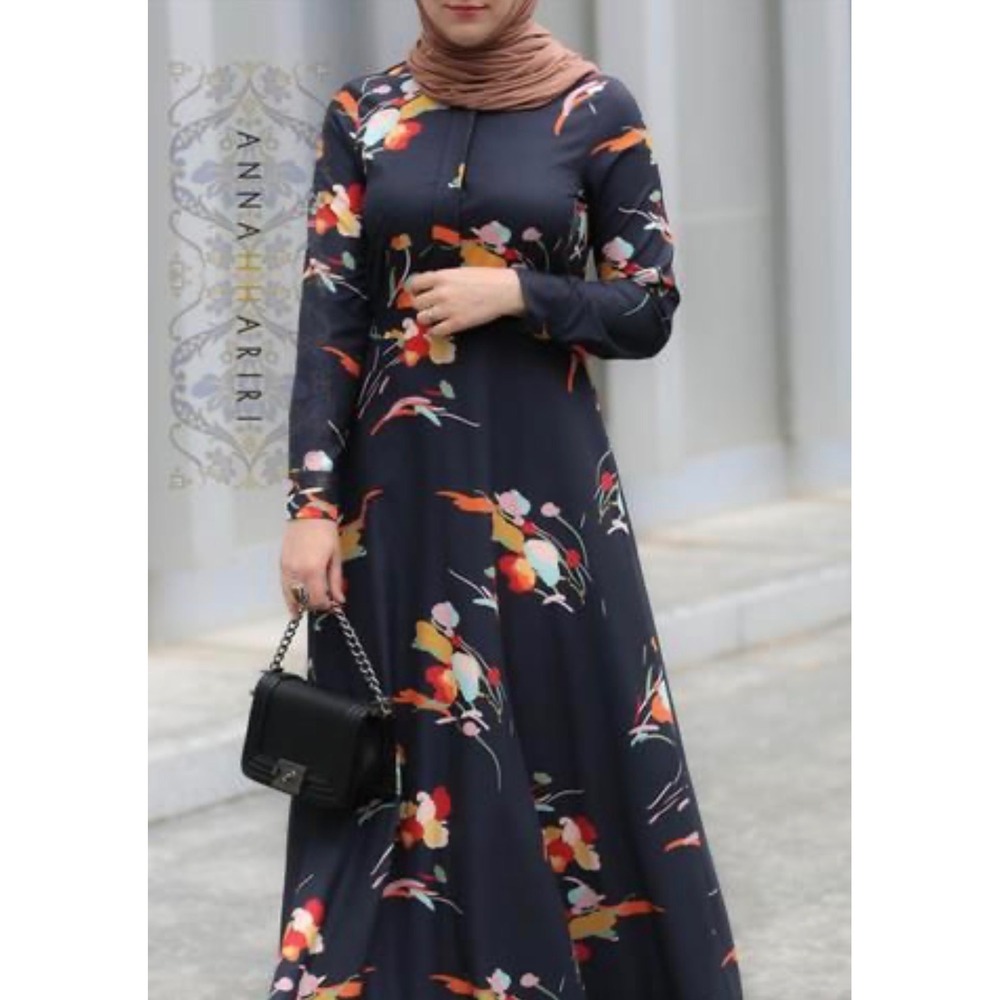Annah‎ Hariri Nada Dress Womens US 10 Black Floral Long Sleeve Modest Maxi Crepe